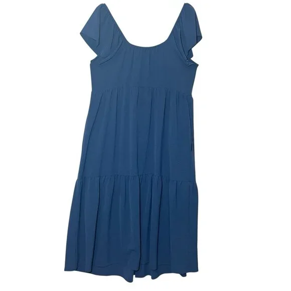 Maggy London Shirtdress 12 Blue Ruffle Sleeve Scoop Neck Tiered Pockets Buttons - Picture 3 of 10